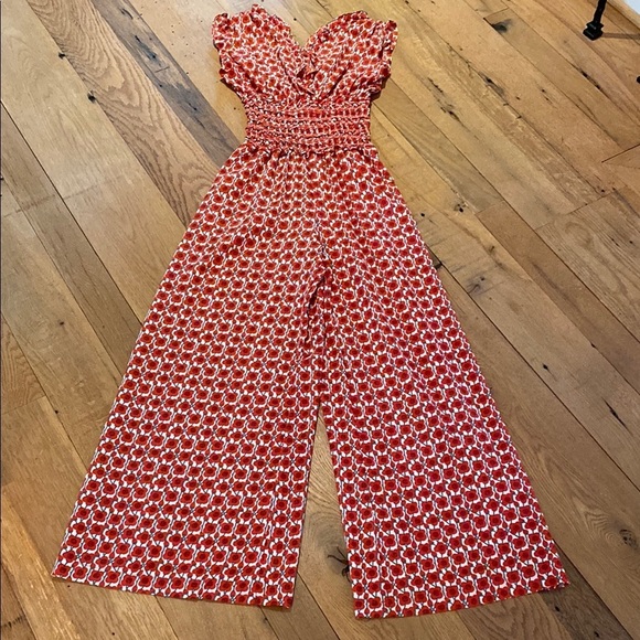 Max Studio Pants - Max Studio Wide Leg Double V Rouched Shoulder Smocked Waist Pull On Red Poppy XS